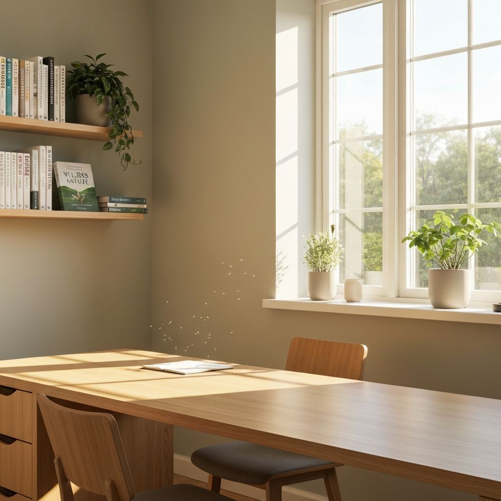 Bright home office with books and natural light