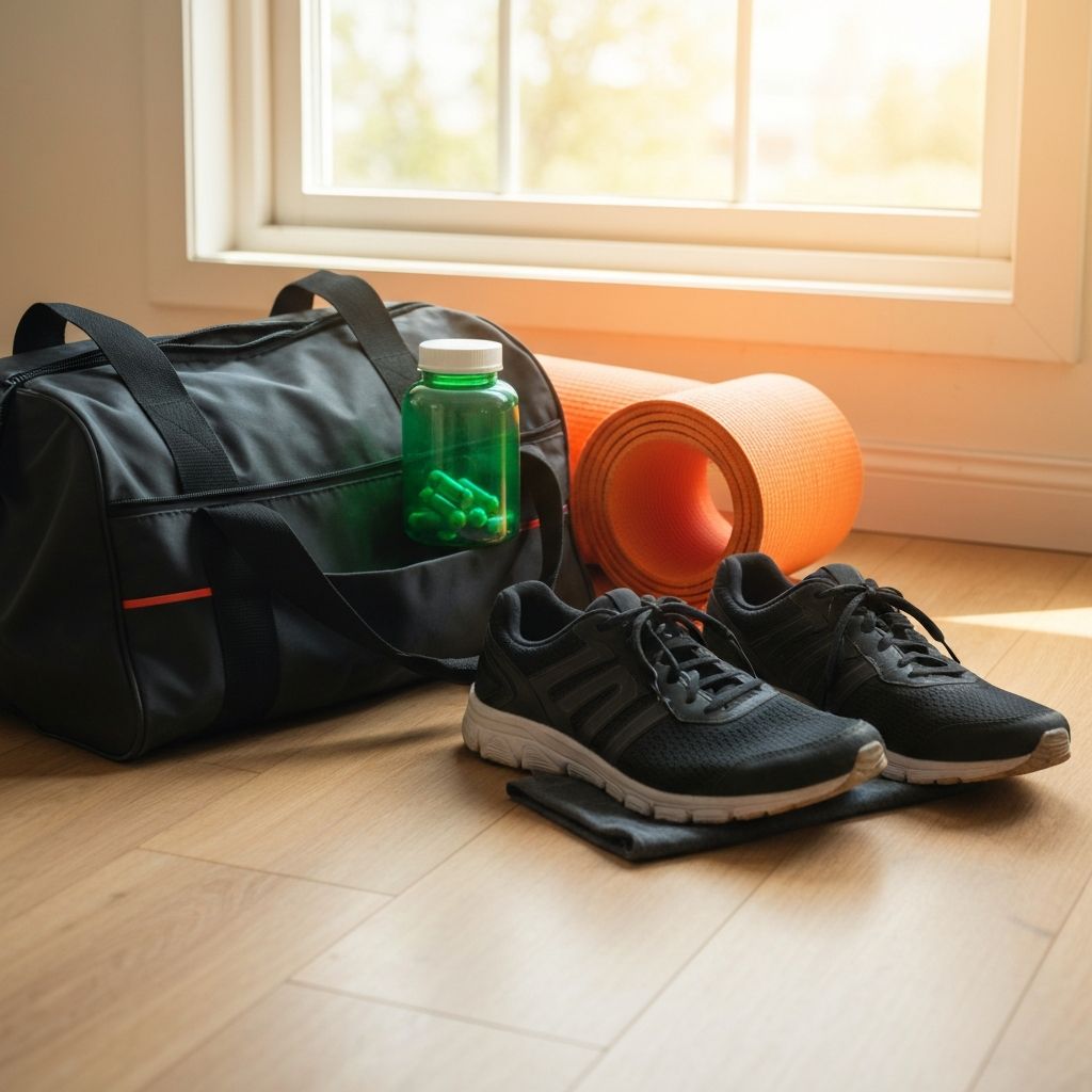 Gym bag with supplement bottle neatly packed