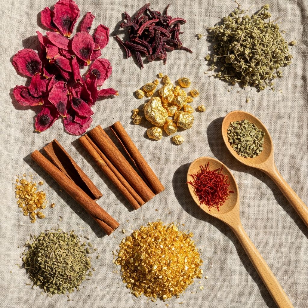 Various dried botanicals representing different world regions